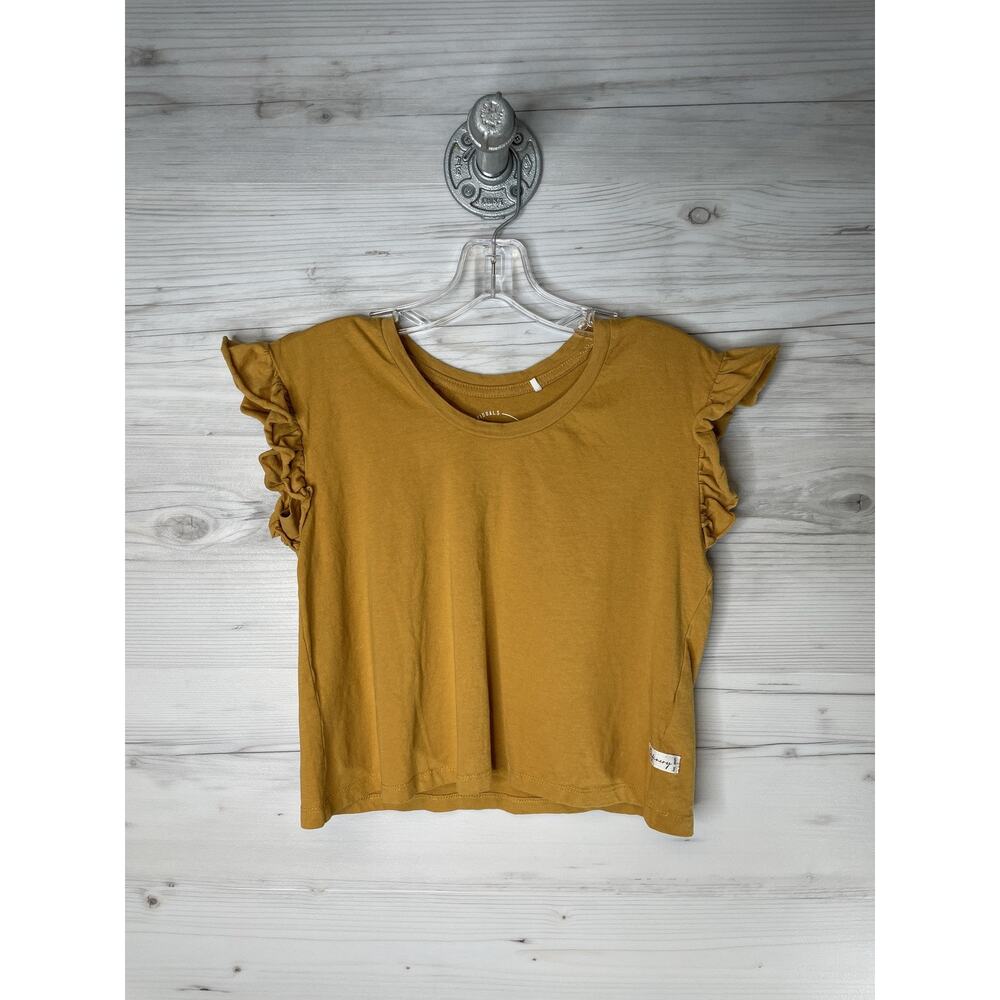 Refinery Shirt‎ Womens XS Mustard Yellow Ruffle Sleeve Crop Crewneck Cotton Tee
